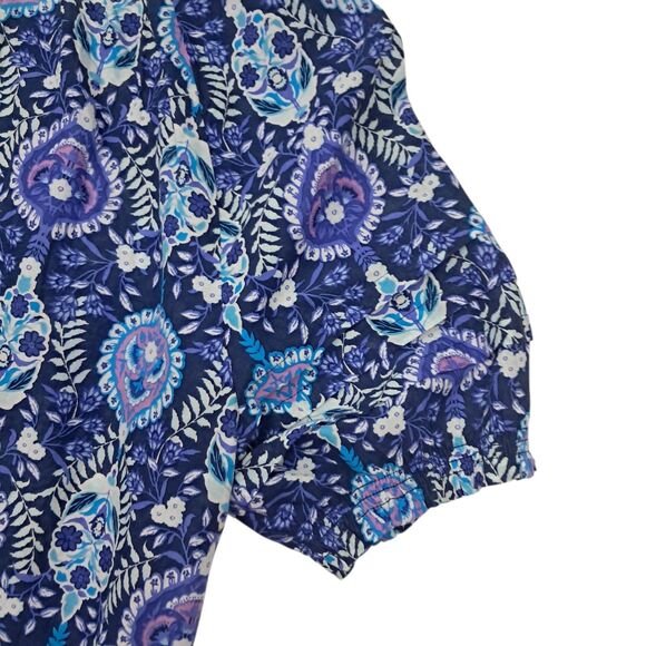 Talbots Top Womens Medium Blue Pleated Short Sleeve Floret Medallion Tassel Boho - Picture 4 of 10